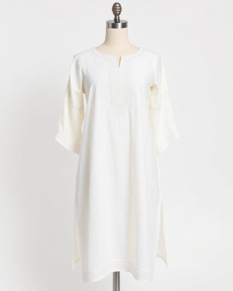 Women White Embroidered Kurti